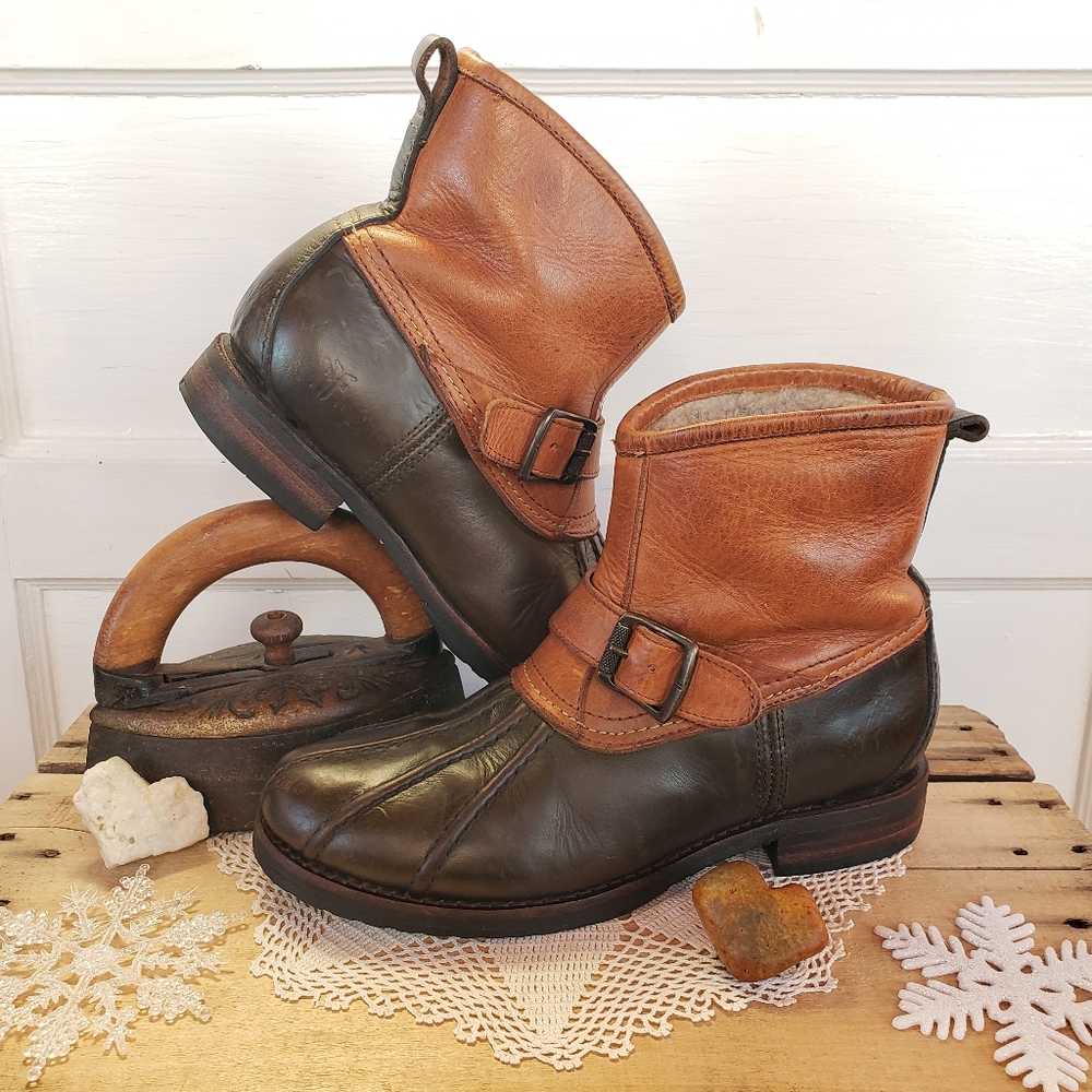 Green Frye Shearling Veronica Duck Boots Fur Lined Moto Engineer Boho Gypsy 9B